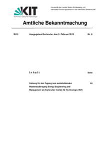 Universität des Landes Baden-Württemberg und nationales Forschungszentrum in der Helmholtz-Gemeinschaft Karlsruher Institut für Technologie  Amtliche Bekanntmachung