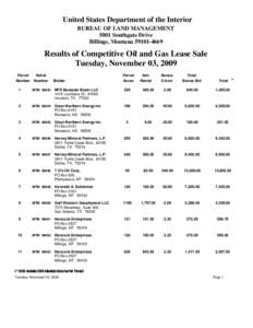 United States Department of the Interior BUREAU OF LAND MANAGEMENT 5001 Southgate Drive Billings, Montana[removed]Results of Competitive Oil and Gas Lease Sale