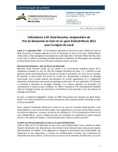 Communiqué de presse Conférence régionale des élus de Laval 1555, boul. Chomedey – bureau 220 Laval (Québec) H7V 3Z1[removed]removed]