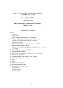 LAWS OF PITCAIRN, HENDERSON, DUCIE AND OENO ISLANDS Revised Edition 2001 CHAPTER XVI REGISTRATION OF BUSINESS NAMES ORDINANCE