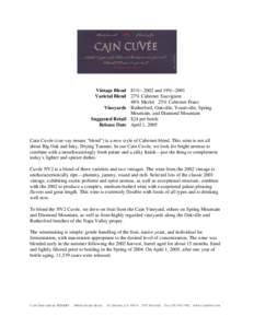 Vintage Blend 81%~ 2002 and 19%~2001 Varietal Blend 27% Cabernet Sauvignon 48% Merlot 25% Cabernet Franc Vineyards Rutherford, Oakville, Yountville, Spring Mountain, and Diamond Mountain Suggested Retail $24 per bottle