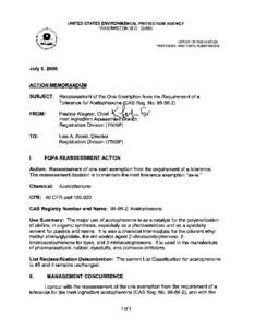 Reassessment of the One Exemption from the Requirement of a Tolerance for Acetophenone (CAS Re. No[removed]), USEPA, OPP