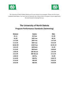 The University of North Dakota thanks you for your interest in our program. Please note the tryout standards listed below. You must meet at minimum one of these times to be given a tryout opportunity. We look forward to 