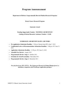 Program Announcement Department of Defense Congressionally Directed Medical Research Programs Breast Cancer Research Program  Innovator Award