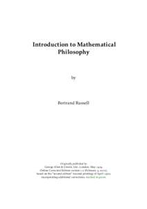 Introduction to Mathematical Philosophy by  Bertrand Russell