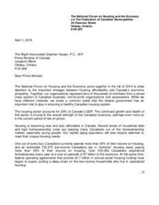 The National Forum on Housing and the Economy c/o The Federation of Canadian Municipalities 24 Clarence Street Ottawa, Ontario K1N 5P3