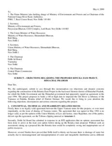 May 6, 2009 To 1. The Prime Minister (also holding charge of Ministry of Environment and Forests and as Chairman of the National Ganga River Basin Authority), PMO, 7, Race Course Road, New DelhiSecretary,