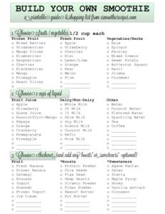 BUILD YOUR OWN SMOOTHIE a printable guide & shopping list from esmoothierecipes.com 1. Choose 3 fruits / vegetables 1/2  cup each
