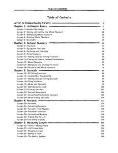 TABLE OF CONTENTS  Table of Contents Letter to Homeschooling Parents Chapter 1: Arithmetic Basics Lesson 1—Number Beginnings