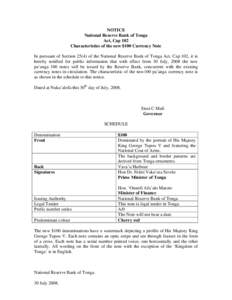 NOTICE National Reserve Bank of Tonga Act, Cap 102