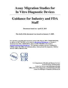 Assay Migration Studies for   In Vitro Diagnostic Devices Guidance for Industry and FDA