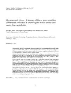 Indian J Med Res 142, September 2015, ppDOI:occurrence of blaNDM-1 & absence of blaKPC genes encoding carbapenem resistance in uropathogens from a tertiary care centre from north India