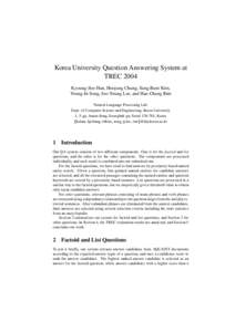 Korea University Question Answering System at TREC 2004 Kyoung-Soo Han, Hoojung Chung, Sang-Bum Kim, Young-In Song, Joo-Young Lee, and Hae-Chang Rim Natural Language Processing Lab. Dept. of Computer Science and Engineer