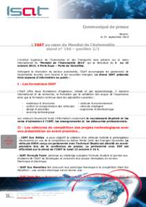 Communiqué de presse Nevers, le 25 septembre 2014 L’ISAT au cœur du Mondial de l’Automobile stand n° 150 – pavillon 2/1