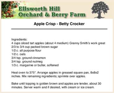 Apple Crisp - Betty Crocker  Ingredients: 4 cups sliced tart apples (about 4 medium) Granny Smithʼs work great 2/3 to 3/4 cup packed brown sugar 1/2 c. all purpose flour