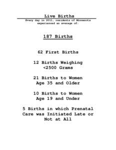 Live Births Every day in 2011, residents of Minnesota experienced an average of: 187 Births 62 First Births