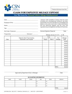 Reset Form  Financial Services Use Only CLAIM FOR EMPLOYEE MILEAGE EXPENSE Use This Form For Personal Vehicle Mileage Reimbursement