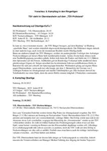 Vorschau: 8. Kampftag in den Ringerligen TSV steht in Obereisesheim auf dem „TÜV-Prüfstand“ Nachbetrachtung auf Oberliga-KaTa 7 SG Weilimdorf – VfL Obereisesheim 20:19 KG Baienfurt/Ravensburg – AV Sulgen 16:24