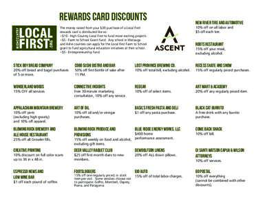 REWARDS CARD DISCOUNTS The money raised from your $20 purchase of a Local First rewards card is distributed like so: •$10 - High Country Local First to fund more exciting projects •$5 - Farm to School Grant fund. Any