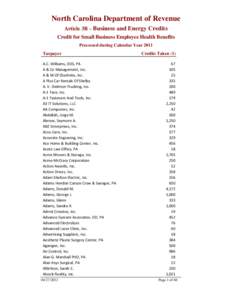 North Carolina Department of Revenue Article 3B – Business and Energy Credits Credit for Small Business Employee Health Benefits Processed during Calendar Year 2011 Taxpayer A.C. Williams, DDS, PA