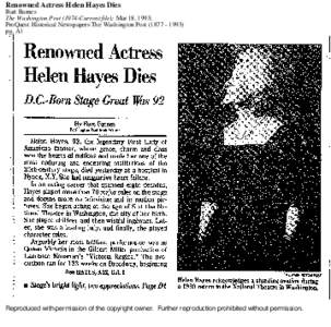 Renowned Actress Helen Hayes Dies Bart Barnes The Washington Post[removed]Current file); Mar 18, 1993; ProQuest Historical Newspapers The Washington Post[removed]pg. A1