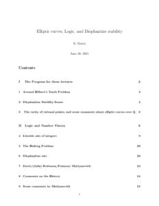 Elliptic curves, Logic, and Diophantine stability B. Mazur June 20, 2015 Contents