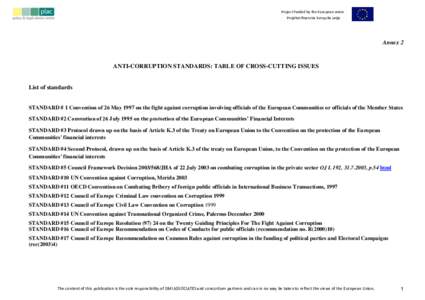 Project funded by the European union Projekat finansira Evropska unija Annex 2  ANTI-CORRUPTION STANDARDS: TABLE OF CROSS-CUTTING ISSUES