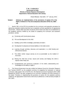 F. No[removed]EE 4 Government of India Ministry of Human Resource Development Department of School Education and Literacy Shastri Bhawan, New Delhi, 31st January, 2012 Subject:
