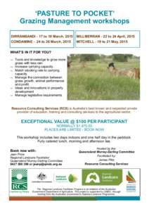 ‘PASTURE TO POCKET’ Grazing Management workshops DIRRANBANDI - 17 to 19 March, 2015 MILLMERRAN - 22 to 24 April, 2015