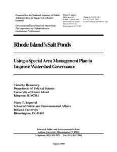 Prepared for the National Academy of Public Administration in Support of a Report Entitled: Environmental Governance in Watersheds: The Importance of Collaboration to Institutional Performance