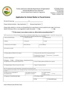 Turks and Caicos Islands Department of Agriculture Animal Health Services Division Animal Establishment Inspection Programme 16 Paradise Avenue Butterfield Square