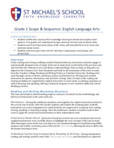    	
   Grade	
  1	
  Scope	
  &	
  Sequence:	
  English	
  Language	
  Arts	
   Learning Objectives:	
   • Students	
  solidify	
  their	
  sound	
  symbol	
  knowledge,	
  focusing	
  on	
  blends	