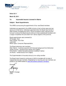 AIRB Notice[removed]Board Appointments - March 30, 2011