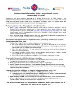 Sequester Imperils Cancer Care Delivery System Already in Crisis Congress Must Act NOW! Sequestration will reduce Medicare spending by 2% percent (effective April 1, 2013); however, it will disproportionately cut payment