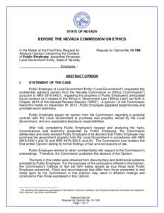 STATE OF NEVADA  BEFORE THE NEVADA COMMISSION ON ETHICS In the Matter of the First-Party Request for Advisory Opinion Concerning the Conduct of Public Employee, Appointed Employee,