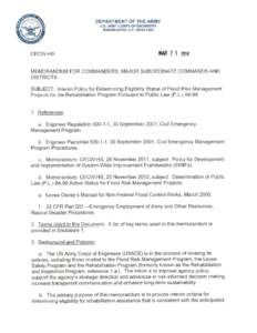 Interim Policy for Determining Eligibility Status of Flood Risk Management Projects for the Rehabilitation Program Pursuant to PUblic Law 84-99