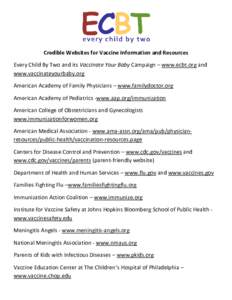 Credible Websites for Vaccine Information and Resources Every Child By Two and its Vaccinate Your Baby Campaign – www.ecbt.org and www.vaccinateyourbaby.org American Academy of Family Physicians – www.familydoctor.or