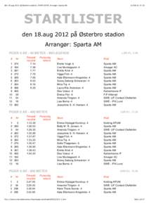 den 18.aug 2012 på Østerbro stadion, STARTLISTER, Arrangør: Sparta AMSTARTLISTER den 18.aug 2012 på Østerbro stadion