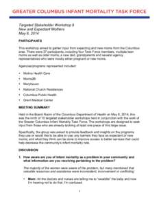 Targeted Stakeholder Workshop 9 New and Expectant Mothers May 8, 2014 PARTICIPANTS This workshop aimed to gather input from expecting and new moms from the Columbus area. There were 27 participants, including four Task F