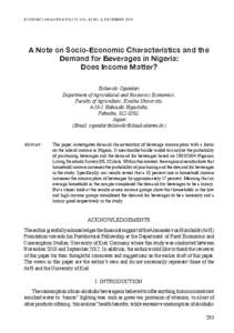 Economic Analysis & Policy, Vol. 43 No. 3, december[removed]A Note on Socio-Economic Characteristics and the Demand for Beverages in Nigeria: Does Income Matter? Kolawole Ogundari