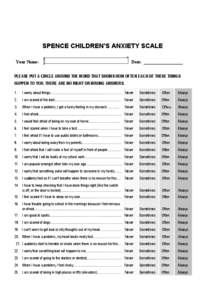 SPENCE CHILDREN’S ANXIETY SCALE Your Name: Date:  PLEASE PUT A CIRCLE AROUND THE WORD THAT SHOWS HOW OFTEN EACH OF THESE THINGS