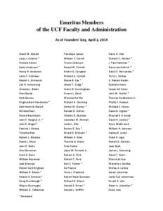Emeritus Members of the UCF Faculty and Administration As of Founders’ Day, April 2, 2014 David W. Abbott Louis J. Acierno *