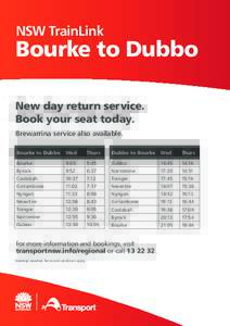 NSW TrainLink  Bourke to Dubbo New day return service. Book your seat today. Brewarrina service also available.