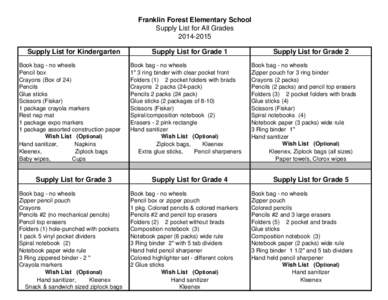 Franklin Forest Elementary School Supply List for All Grades[removed]Supply List for Kindergarten Book bag - no wheels Pencil box