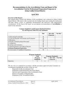 Recommendations by the Accreditation Team and Report of the Accreditation Visit for Professional Preparation Programs at Selma Unified School District April 2014 Overview of this Report This agenda report includes the fi