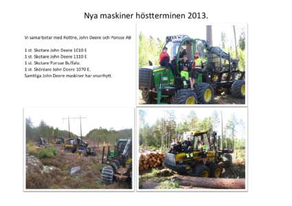 Nya maskiner höstterminen 2013.      Vi samarbetar med Rottne, John Deere och Ponsse AB    1 st. Skotare John Deere 1010 E 