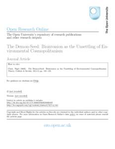 Open Research Online The Open University’s repository of research publications and other research outputs The Demon-Seed: Bioinvasion as the Unsettling of Environmental Cosmopolitanism Journal Article