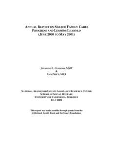 ANNUAL REPORT ON SHARED FAMILY CARE: PROGRESS AND LESSONS LEARNED (JUNE 2000 TO MAY[removed]JEANNINE E. GUARINO, MSW &