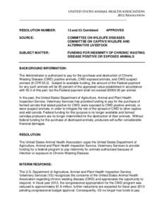 UNITED STATES ANIMAL HEALTH ASSOCIATION 2012 Resolution ___________________________________________________________________________ RESOLUTION NUMBER: