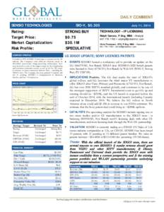 Equity Research  DAILY COMMENT SENSIO TECHNOLOGIES  SIO-V, $0.305